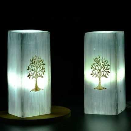 CNYANFEI 8” White Selenite Lamp with Tree of Life Etched Square Satin Spar Crystal Light for Table Decor