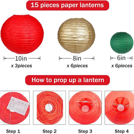 Paper Lanterns Decorative, Round Hanging Paper Lanterns Decorations for Christmas Graduation Anniversary Birthday Party Supplies Green/Red/Gold 15pcs