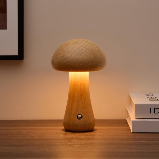 Bojim Wooden Mushroom Lamp, Portable Rechargeable Night Light, 3-Color Dimming Cordless Small Lamp for Christmas Decor (Beech/6.5" H)