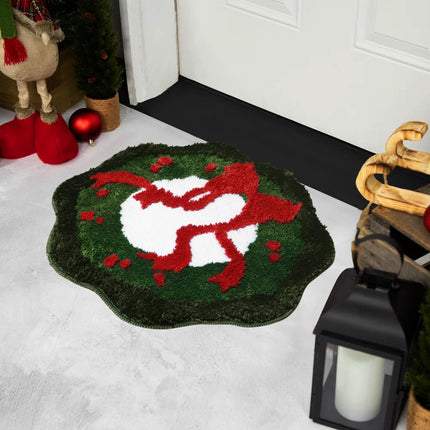 MelonBoat Christmas Bathroom Rugs: Non-Slip Christmas Bath Mat with Wreath and Bows Design, Absorbent Cute Soft Christmas Decorations Bathroom Rugs, Washable Green Christmas Bath Mats 24 x 24 Inch