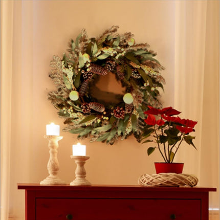 Qingbei Rina Pre-Lit Christmas Wreaths for Front Door,22 Inch Winter Door Wreath with Star Lights,Outdoor Christmas Wreath with Pinecones and Silver Balls, Xmas Windows Fireplace Farmhouse Home Decor