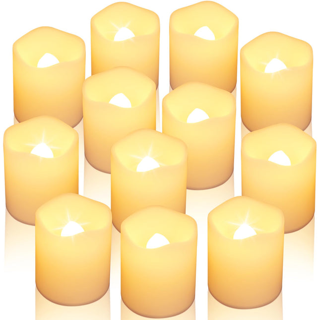SHYMERY Flameless Votive Candles with Timer,12 Pack Last 15 Days Battery Operated Flickering LED Candles,18 Hours Off in 24 Hours Auto Tea Lights for Halloween Christmas Wedding Decorations1.48 x1.6