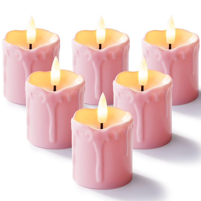 Homemory 2" x 2" Pink Timer Flickering Flameless Candles, 400+ Hour Battery Operated Votive Candles, 6Pack 3D Wick Electric Fake Candles for Wedding, Party, Christmas and Festival Celebration
