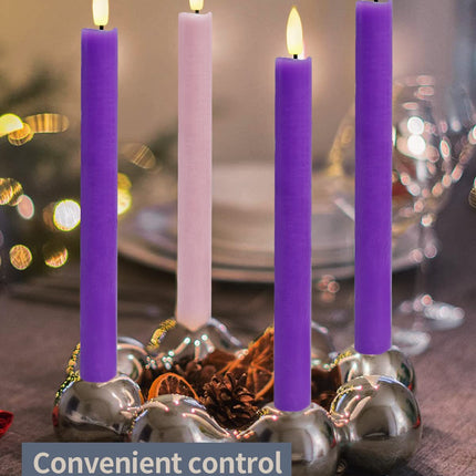 SHYMERY Flameless Advent Candles,Real Wax Battery Operated Electric LED Taper Candles with Remote Timer, Set of 4 Purple & Pink Flickering for Wreath Thanksgiving Christmas Outdoor Centerpieces