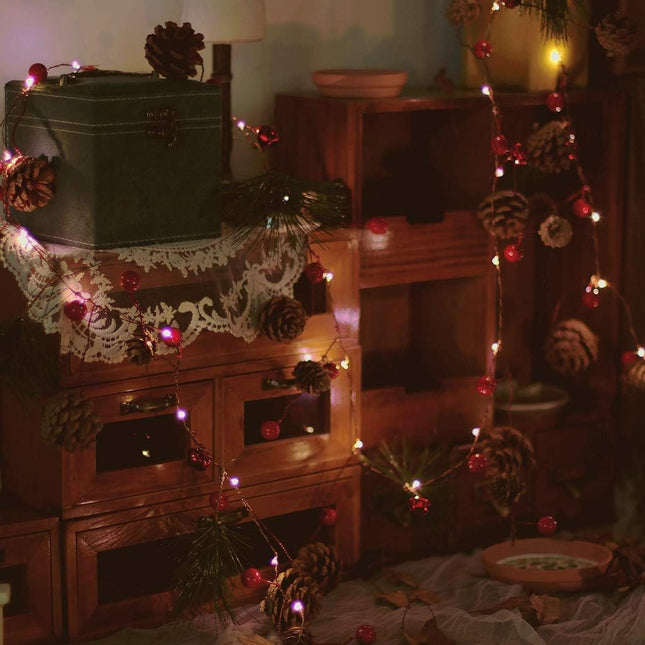 Christmas Pinecone Garlands with Lights, Vocal Metal Jingle Bell, Xmas Red Berry and Pine Leaf, Holiday Garland 10ft 30LEDs Battery Operated String Lights with Timer Flicker Options Remote Control
