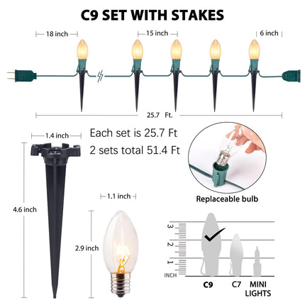 C9 Christmas Lights Outdoor, 2 Packs Total 51.4 Ft 40 Bulbs Christmas Pathway Lights, Waterproof Walkway Lights for Outside Driveway Sidewalk Outdoor Christmas Decorations Yard, Clear
