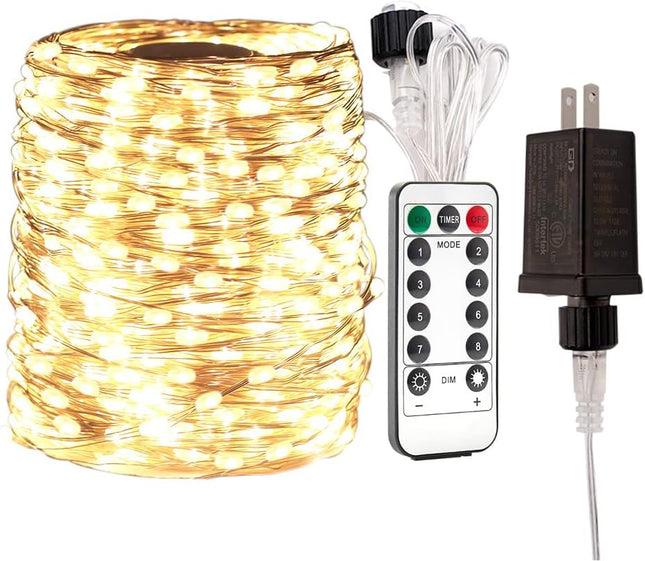 LED Plug in Fairy String Lights 100FT Waterproof Warm White String Lights 300 LED Remote Control for Living Bed Room, Backyard, Patio, Garden, Porch, Wedding or Christmas Decorating