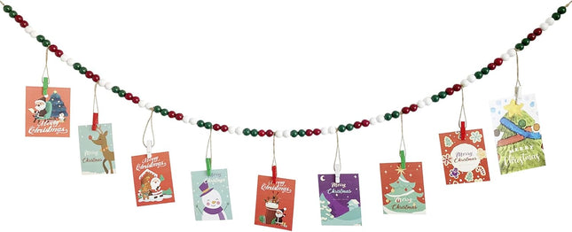 Christmas Hanging Photo Display With 9 Clips, Wooden Bead Garland, Boho Style Collage Photo Frame Decoration for Dorms, Classrooms, Bedrooms