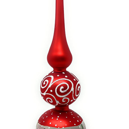 Christmas Tree Topper Spitz Glass Blown, Hand-Decorated White Embellishments (12 Inch, Red Matt)