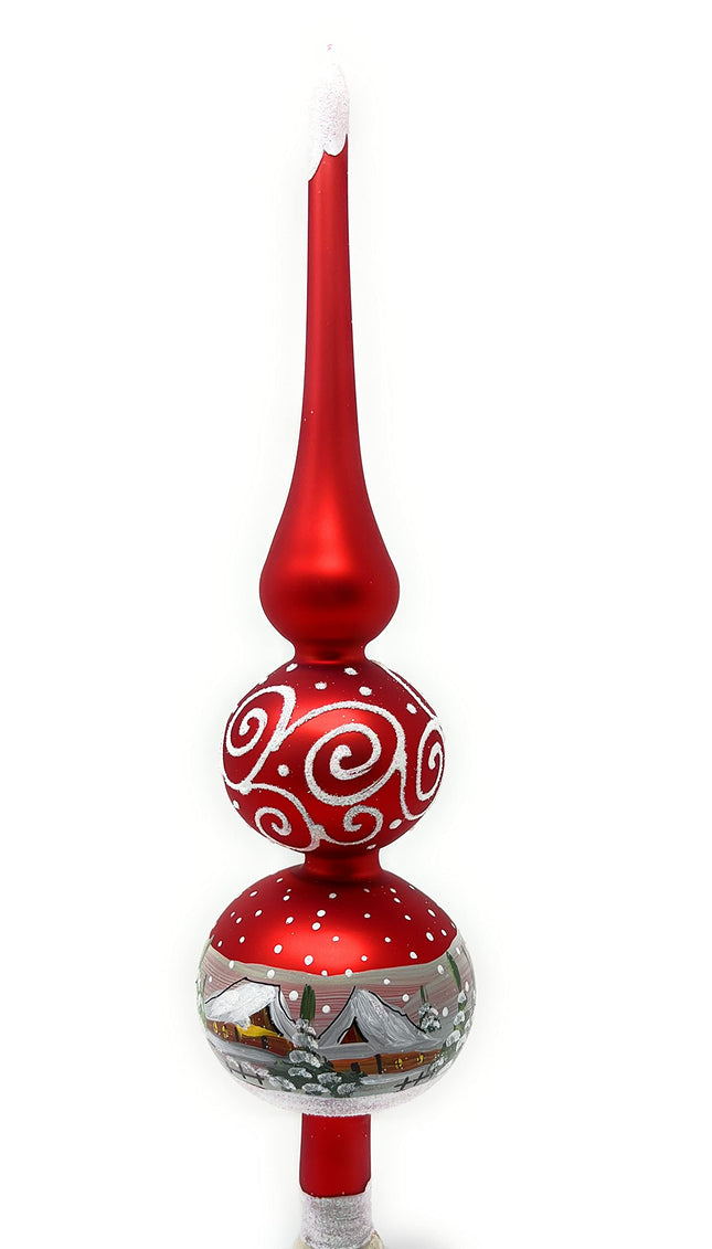 Christmas Tree Topper Spitz Glass Blown, Hand-Decorated White Embellishments (12 Inch, Red Matt)