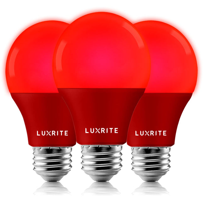 LUXRITE A19 LED Red Light Bulbs, 60W Equivalent, Non-Dimmable, UL Listed, E26 Standard Base, Indoor Outdoor, Porch, Christmas, Decoration, Party, Holiday, Event, Home Lighting (3 Pack)