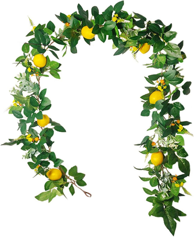 6 Ft Artificial Lemon Garland, Spring Greenery Garland with Lemons and Flowers, Summer Fruit Garland Wreath for Front Door Wall Table Wedding Decor