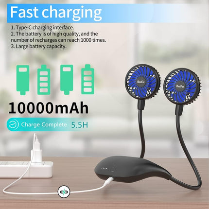 Handfan 10000Mah Neck Fan, 360° Rotation Personal Portable Fans For Your Neck, 48H Lasting Rechargeable Battery Operated Wearable