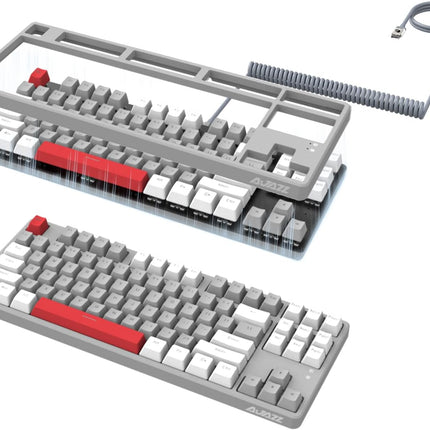 A.JAZZ AK873 Wired 87 Key TKL Retro Color Mechanical Gaming Keyboard with Rainbow Backlit Hot-swap Linear Red Switch NKRO Gasket Custom Coiled Aviator C to A Cable for Win/PC/Mac Gamer(White Gray)