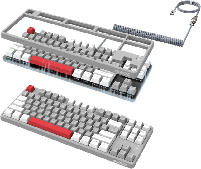 A.JAZZ AK873 Wired 87 Key TKL Retro Color Mechanical Gaming Keyboard with Rainbow Backlit Hot-swap Linear Red Switch NKRO Gasket Custom Coiled Aviator C to A Cable for Win/PC/Mac Gamer(White Gray)