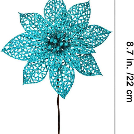 Winlyn 24 Pack Christmas Teal Glitter Poinsettia Flowers Picks Christmas Tree Ornaments 5.9" Wide for Teal Christmas Tree Wreaths Garland Holiday Seasonal Wedding Decorations White Box Included