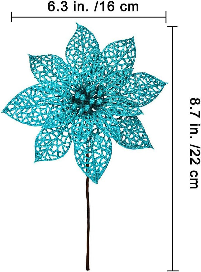 Winlyn 24 Pack Christmas Teal Glitter Poinsettia Flowers Picks Christmas Tree Ornaments 5.9" Wide for Teal Christmas Tree Wreaths Garland Holiday Seasonal Wedding Decorations White Box Included