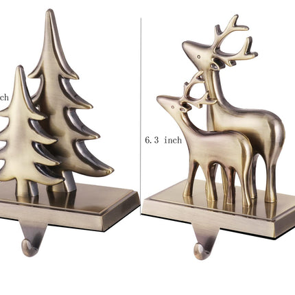 Elk Tree Snowflake Snowman Stocking Holder for Mantle Set of 4,Stocking Holders for Firepiece ,Christmas Stocking Hanger for Fireplace Topper, Decorative Hooks for Stockings (Bronze )