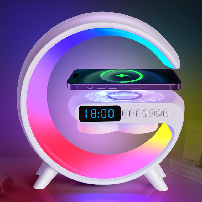 Wireless Charging Atmosphere Table Lamp with Bluetooth Speaker Alarm Clock Night Light 15W Wireless Charger Speaker for Bedside Lamp Desk Clock Sound Machine Ambient Lighting for Christmas