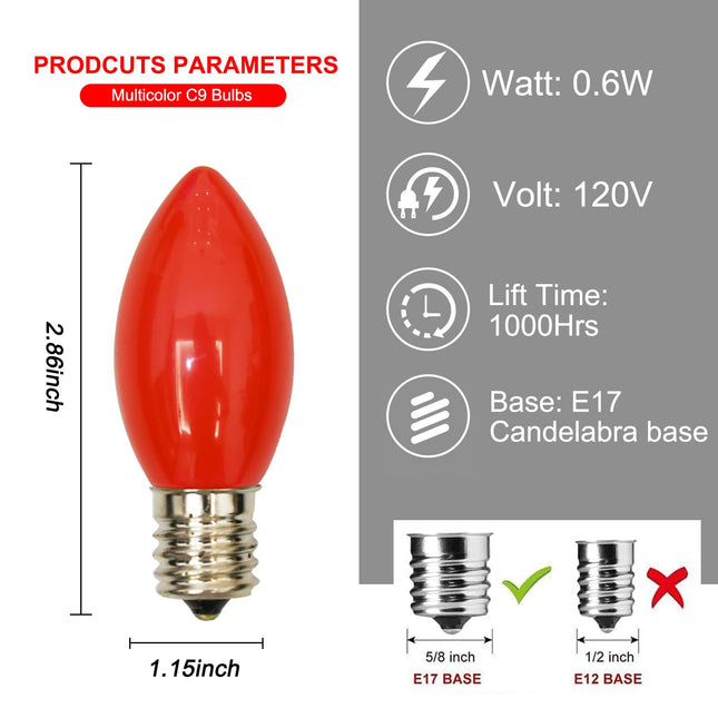 Abeja 25 Pack C9 LED Christmas Light Bulbs, C9 Red Shatterproof LED Bulbs Replacement for Christmas String Lights, E17 Intermediate Base, 0.6Watt