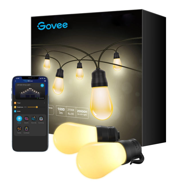 Govee Outdoor String Lights, 48ft Smart Outdoor String Lights with 15 Dimmable Warm White LED Bulbs, IP65 Waterproof Shatterproof Patio Lights for Party, Wedding, Christmas Decorations, 70lm per Bulb