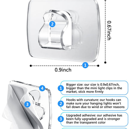 Mini Light Clips Small Adhesive Hooks: Indoor 100 Clear Mini Clips and 110 Strips for Hanging - Tiny Decorative Wall Hooks for Lights - Christmas Decorations Halloween Decor Small Hooks