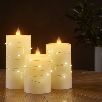 Wax Flameless Pillar Candles Flickering with String Lights, 3D Moving Flame Candles with Remote Timer, Set of 3, 3 x 4, 5, 6 Inches, Remote Included (Ivory)