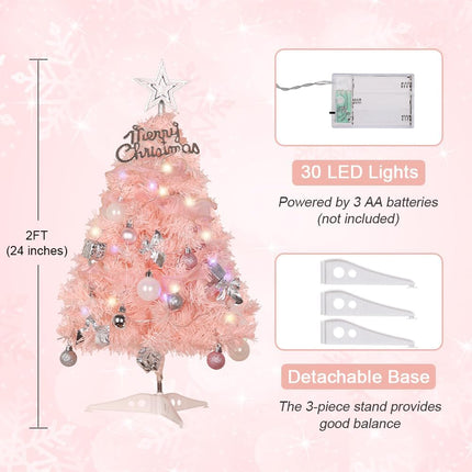 24 Inch 2 FT Pre-lit Mini Christmas Tree, DECSPAS Small Tabletop Pink Christmas Tree with LED Lights Hanging Ornaments and Tree Skirt Xmas Decorations for Holiday Party Home