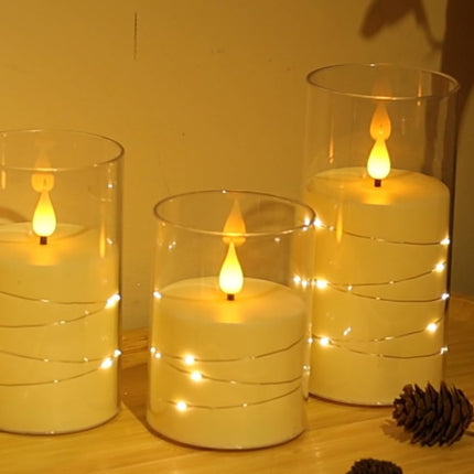 Flashing Flameless Candle with String Light, Battery Powered Candle, Recessed String LED Candle, Indestructible Plexiglass Candle with Remote Control, Set of 3, Ivory White