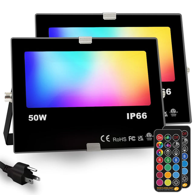 RGB Led Flood Light 50W Outdoor Color Changing DIY Customized Strobe Mode Stage Landscape LightingFloodlights 12 Colors & 4 Modes Remote Control Included Timing IP66 Waterproof (2 Pack)
