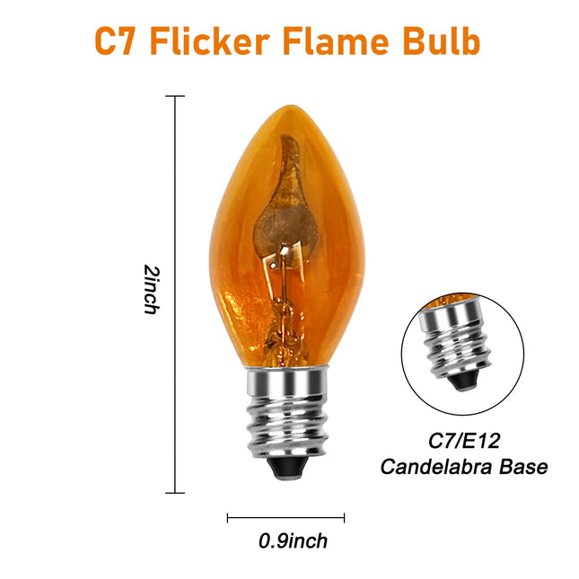 25 Pack Orange Flame Light Bulbs,C7 Mini Orange Lights Halloween Flickering Light Bulbs,1 Watt 120V E12 Base for Outdoor Use,Pendants, Wall Sconces,Christmas Light String