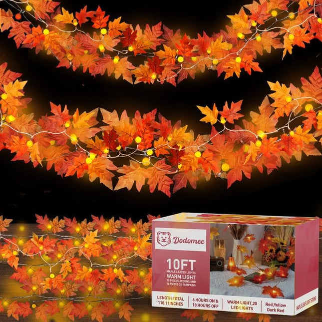 Fall Garland with Lights String Decorations: 2 Pack Maple Leaves String Light Outdoor Indoor Total 40 LED Battery Operated Orange Pumpkin Decoration for Thanksgiving Halloween Christmas Fall Decor