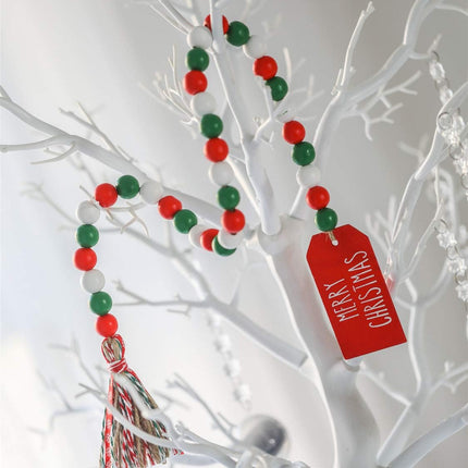 Christmas Wood Bead Garland with Tassels, Rustic Farmhouse Tiered Tray Holiday Decorations, Red and White Wooden Bead with Jute Rope Plaid Tassel, Country Xmas Home Decor (Xmas Red & Green & White)