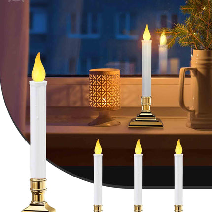 SURAIELEC 4 Pack Battery Operated Window Candles with Timer, Window Candle Lights with Removable Candle Holders, LED Christmas Candles for Christmas Windows, Mantel, Dining Table, Gloss Gold