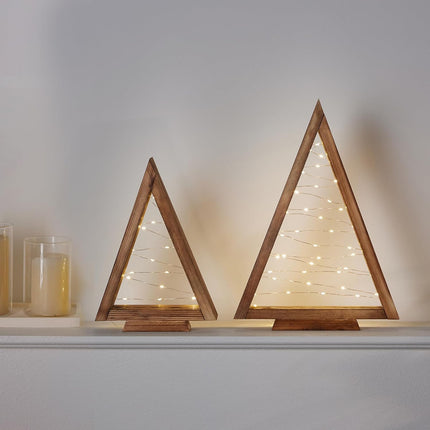 2 Pack Wood Tabletop Christmas Trees with Lights, Christmas Decorations Indoor, Modern Farmhouse Christmas Decor Small Trees for Table, Mantle, Shelf (13.4" and 10" Tall)