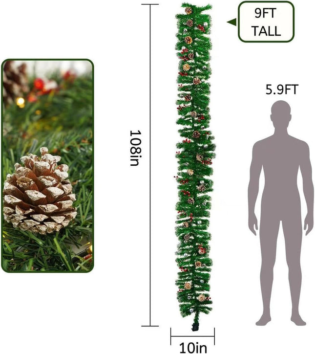 9FT Christmas Garland with Lights, Pre-Lit Christmas Garland Decorated with Red Berries Silver Balls and Pinecones, Battery Operated Christmas Decorations for Mantle Fireplace Indoor Outdoor Home