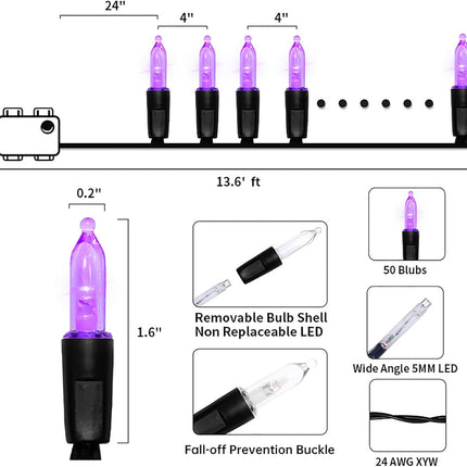 Battery Operated Halloween Lights 2 Pack 18.3Ft 50 LED Purple Mini String Lights 9 Functions Black Wire Purple Halloween Tree Lights for Wreath Crafts Indoor Outdoor Festive Lights