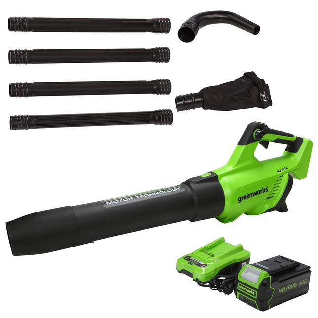 Greenworks 40V (550 CFM / 130 MPH) Brushless Axial Leaf Blower 4Ah USB Battery and Charger with Gutter Cleaning Kit