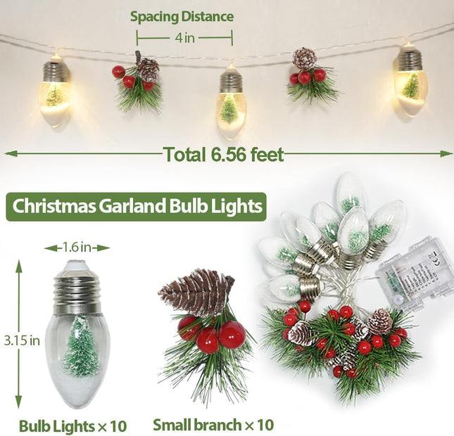 6.56 FT Christmas Pine Garland with Lights 10 Tree Snow Bulbs Pine Christmas Tree String Lights Battery Powered with Timer Indoor Christmas Decoration for Home Bedroom Wedding Party Vintage Xmas Decor