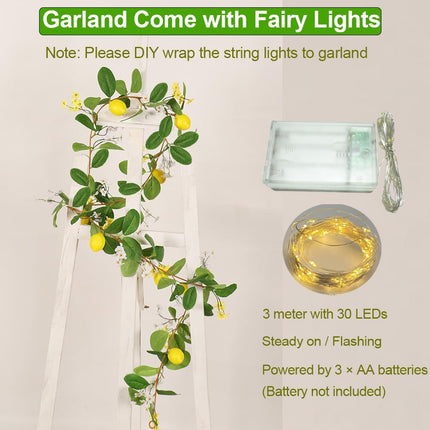 Artificial Lemon Garland with Fairy Lights Spring Summer Greenery Lemon Vine Plant Vivid Fruit Dense White and Yellow Flowers Hanging Wreath for Home Garden Wedding Party Christmas Décor