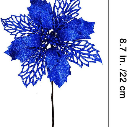 24 Pcs Christmas Blue Glittered Mesh Holly Leaf Artificial Poinsettia Flowers Picks Tree Ornaments 5.9" W for Blue Christmas Tree Wreath Garland Floral Winter Wedding Holiday Decoration