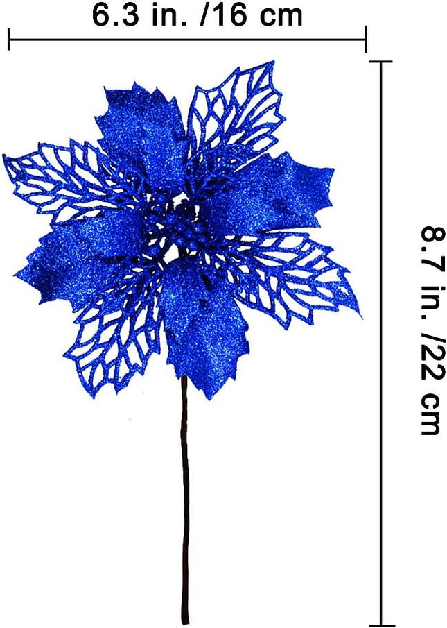 24 Pcs Christmas Blue Glittered Mesh Holly Leaf Artificial Poinsettia Flowers Picks Tree Ornaments 5.9" W for Blue Christmas Tree Wreath Garland Floral Winter Wedding Holiday Decoration
