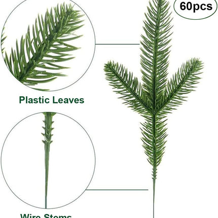 KLEWEE 60 Pcs Artificial Pine Branches, Christmas Tree Filler Branches, Realistic Faux Christmas Greenery Green Plants Pine Picks and Stems for Christmas Decorating Crafts Vase DIY Wreath Garland