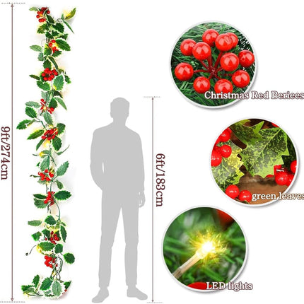 9FT Christmas Garland with Lights,Pre-lit Artificial Red Berries & Holly Leaves Lighted Garlands,Indoor Outdoor Xmas Decor,Winter Home Year Mantle Fireplace Table Decortions