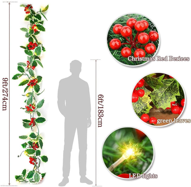 9FT Christmas Garland with Lights,Pre-lit Artificial Red Berries & Holly Leaves Lighted Garlands,Indoor Outdoor Xmas Decor,Winter Home Year Mantle Fireplace Table Decortions