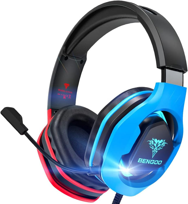 BENGOO G9500 Gaming Headset Headphones for PS4 Xbox One PC Controller, Over Ear Headphones with 720° Noise Cancelling Mic, Bicolor LED Light, Soft Memory Earmuffs for Gamecube Super Nintendo PS5