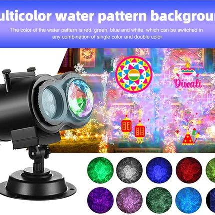 Holiday Halloween Valentine Party Christmas Diwali Projector Light (Indoor Outdoor Waterproof), 16 Slides (4 Pictures Each), 10 Wave Effects, Remote Control (Power Timer Speed Flash), 3 Mounting Ways
