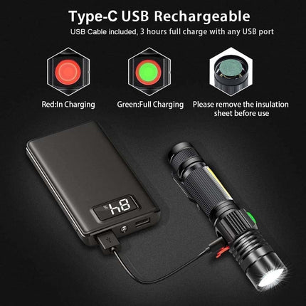 Hoxida Flashlight USB Rechargeable Magnetic LED Flashlight Super Bright LED Tactical Flashlight with Cob Sidelight Waterproof Zoomable Best Small LED Flashlight for Camping Emergency Flashlights
