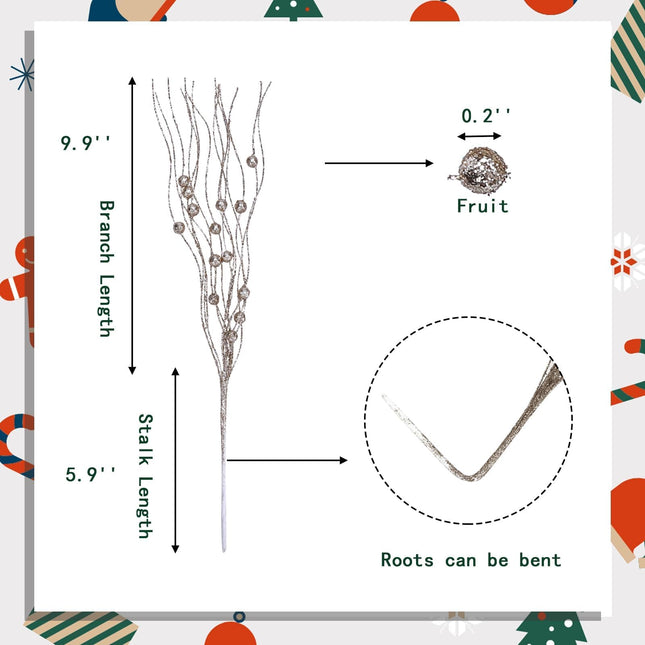 6Pcs Artificial Glitter Berry Stems, Champagne Halloween Decoration Twisted Glittery Twigs, Christmas Tree Picks, Branches for Xmas Decor Small Vase Holiday Wedding Party (15.8 Inch)