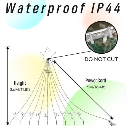 Outdoor Christmas Decorations Star Yard Lights, 12FT Smart Dynamic RGB Led Waterfall Tree Lights DIY Pattern Text App Remote Control Unique String Lights for Outside Roof Home Xmas Holiday Decor